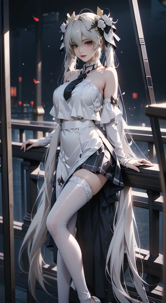 kasugano sora,long white hair,twintails,hair ribbon,hair ornament, ((Bare shoulders)), ((Full breasts)), ((The skirt is short)), ((Sexy legs)), ((whole body)), Practical, Fashion girl, Red lips, Mature women, Exquisite makeup, big eyes, beautiful, (best quality, masterpiece:1.2), Ultra Detailed, (Practical:1.37), ((Random scenes, Random shooting angles)), ((Sexy long legs)), Young and energetic, Charming model, (Delicateeyes, Delicate lips), Show a bright smile, Create stunning girl images, warm color, Very high color saturation, Official Art, Extremely detailed CG, Unity 8K Wallpaper, (High Dynamic Range :1.4), (Movie atmosphere),(Soft colors), (Natural skin texture, ultra-Practical, Soft Light, sharp),(Very detailed), night, moonlight