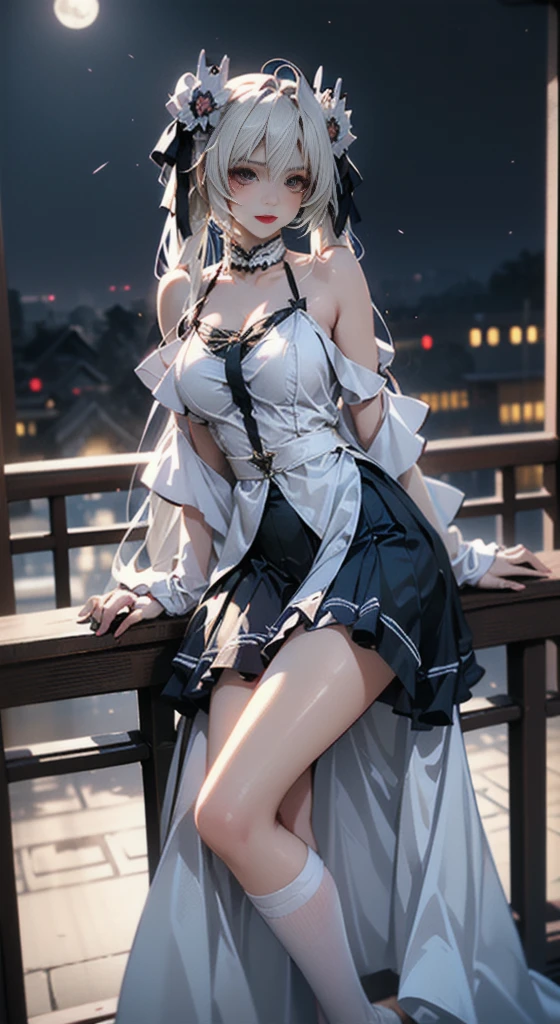 kasugano sora,long white hair,twintails,hair ribbon,hair ornament, ((Bare shoulders)), ((Full breasts)), ((The skirt is short)), ((Sexy legs)), ((whole body)), Practical, Fashion girl, Red lips, Mature women, Exquisite makeup, big eyes, beautiful, (best quality, masterpiece:1.2), Ultra Detailed, (Practical:1.37), ((Random scenes, Random shooting angles)), ((Sexy long legs)), Young and energetic, Charming model, (Delicateeyes, Delicate lips), Show a bright smile, Create stunning girl images, warm color, Very high color saturation, Official Art, Extremely detailed CG, Unity 8K Wallpaper, (High Dynamic Range :1.4), (Movie atmosphere),(Soft colors), (Natural skin texture, ultra-Practical, Soft Light, sharp),(Very detailed), night, moonlight