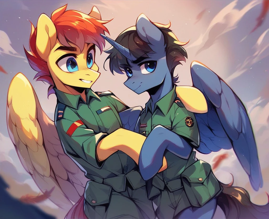 Two subjects; Male alicorn pony with black fur and red hair and blue eyes and red feathers on wings, male pegasus pony with yellow fur and black hair and blue eyes, legs around each other, posing for family photo, vietnam-era army uniforms, smiling, wide-angle shot