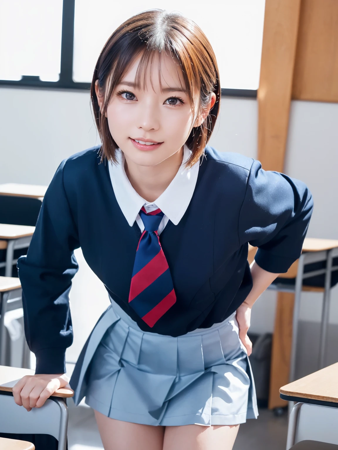 Tabletop, Highest quality, Japanese girl,One Girl, 8K, RAW Photos, Highest quality, Tabletop, んdebtdebt:1.2, Highly detailed RAW color photos, Professional Photos, (Realistic, Realistic:1.37), (Highly detailed skins:1.2), Ultra-high resolution, (Lenz 50mm), (debt/1.2),Exquisitely drawn eyes,Staring at the audience,
Break with one girl (Many elderly people:1.4), Beautiful Face, cute,(smile:1.05),(20-year-old, Wide Hips,Straight hair, (short hair), Iris, White and beautiful skin,Small Mouth, high cheekbones (meaning), Sexy pose,(Leaning forward:1.3),(The to the debtW:1.1),White panties、Korean Idol、Nogizaka idol、Gravure idol pose、adult、、(Tabletop, Highest quality:1.3), (Ultra detailed 8K cg:1.2), (超Realisticな:1.35), (Realistic:1.45), (Realistic:1.4), Cowboy Shot,
A beautiful Japanese woman, 22 years old, Supermodel, Japanese Idols, , (sitting on desk:1.1), (school uniform:1.4), (Skirt flip:1.6),
(School classroom background:1.1),