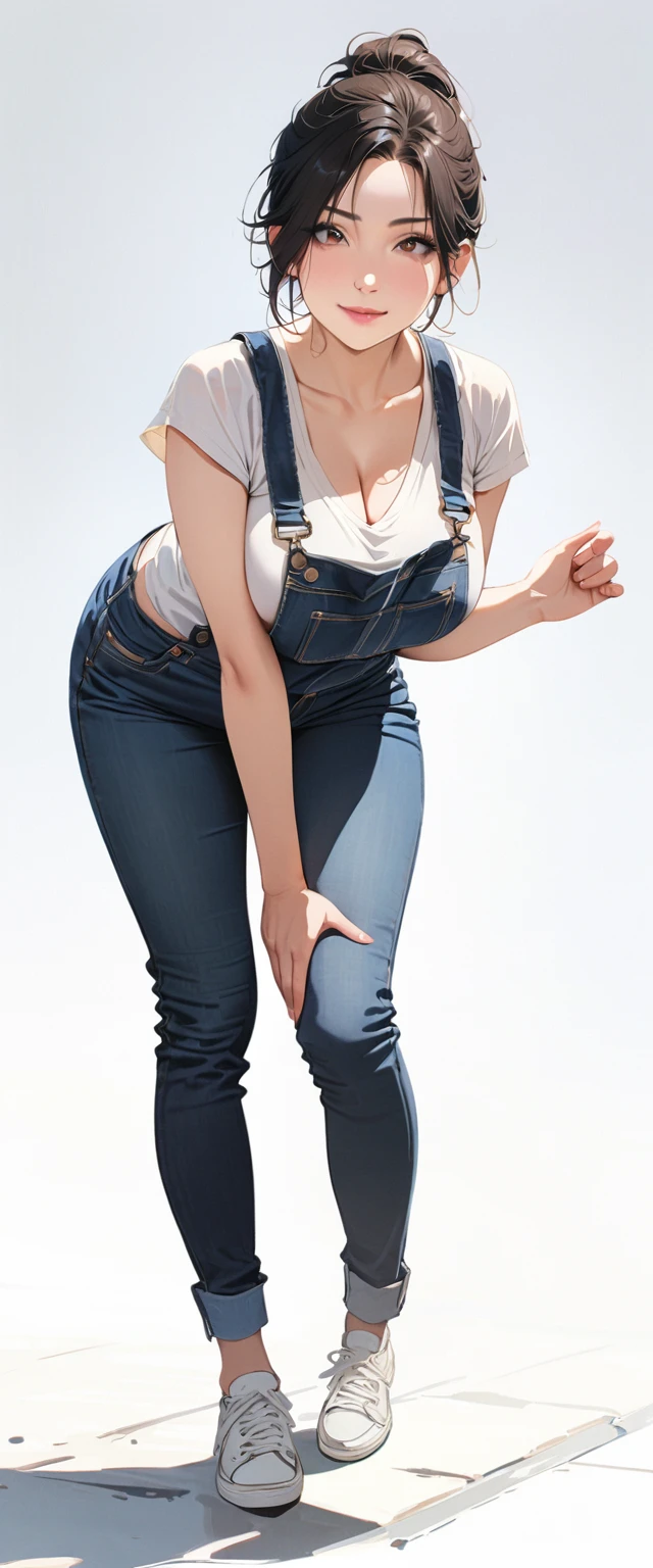 40 years old,1 mature woman,hyperrealistic, 8k, (extremely detailed 8k), (very delicate and beautiful), (masterpiece), (better quality:1.0), (ultra high resolution:1.0), (masterpiece, best quality),cute,black hair,big breasts,ponytail,POV,overalls,full body,white background,leaning forward,