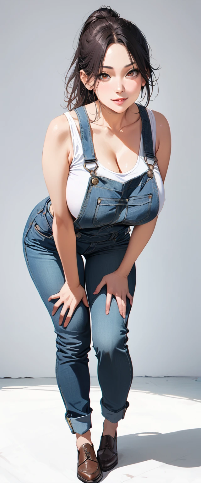 40 years old,1 mature woman,hyperrealistic, 8k, (extremely detailed 8k), (very delicate and beautiful), (masterpiece), (better quality:1.0), (ultra high resolution:1.0), (masterpiece, best quality),cute,black hair,big breasts,ponytail,POV,overalls,full body,white background,leaning forward,