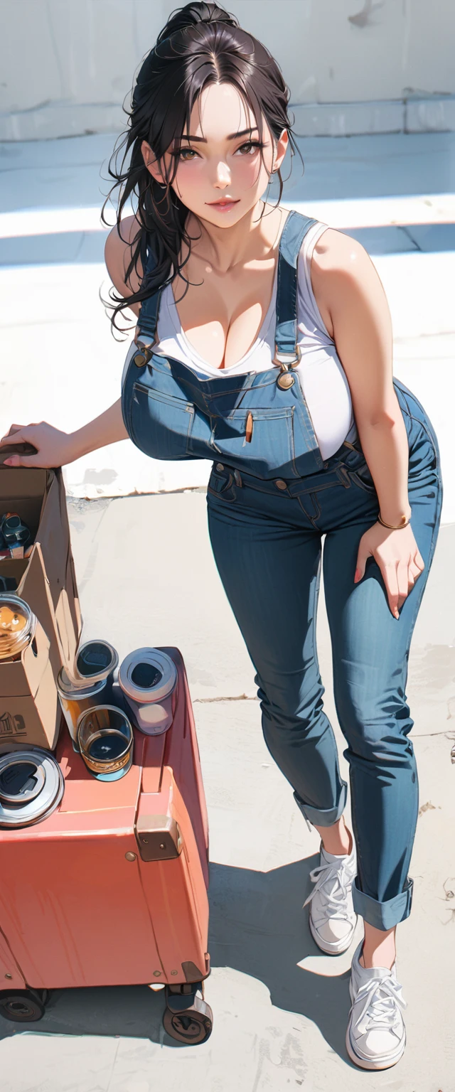 40 years old,1 mature woman,hyperrealistic, 8k, (extremely detailed 8k), (very delicate and beautiful), (masterpiece), (better quality:1.0), (ultra high resolution:1.0), (masterpiece, best quality),cute,black hair,big breasts,ponytail,POV,overalls,full body,white background,leaning forward,