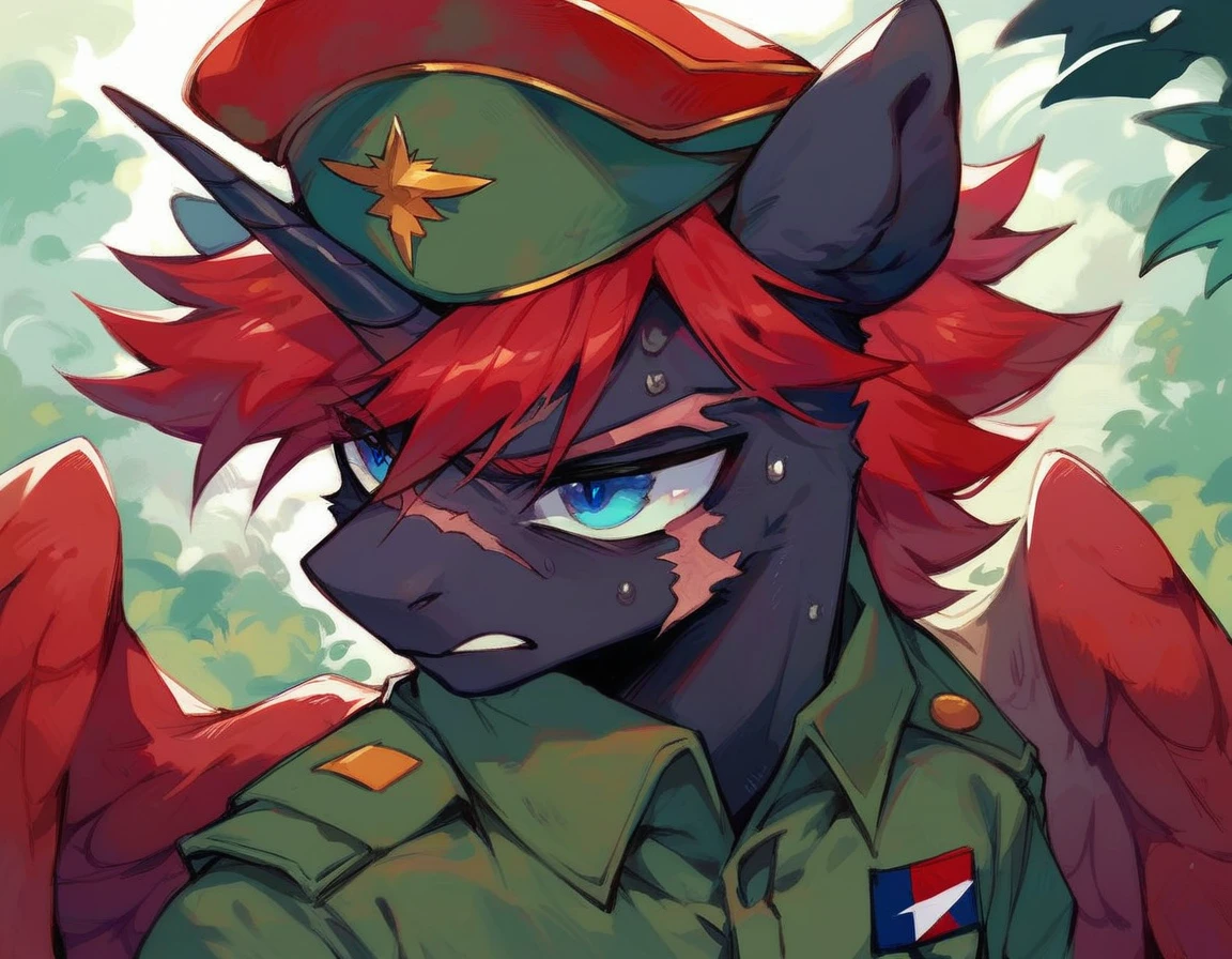 Male alicorn pony, black fur, long red hair, deep blue eyes, red feathers on wings, scar over left eye, red striping, vietnam-era army uniform, boonie hat, in a swamp, sweating, close-up portrait