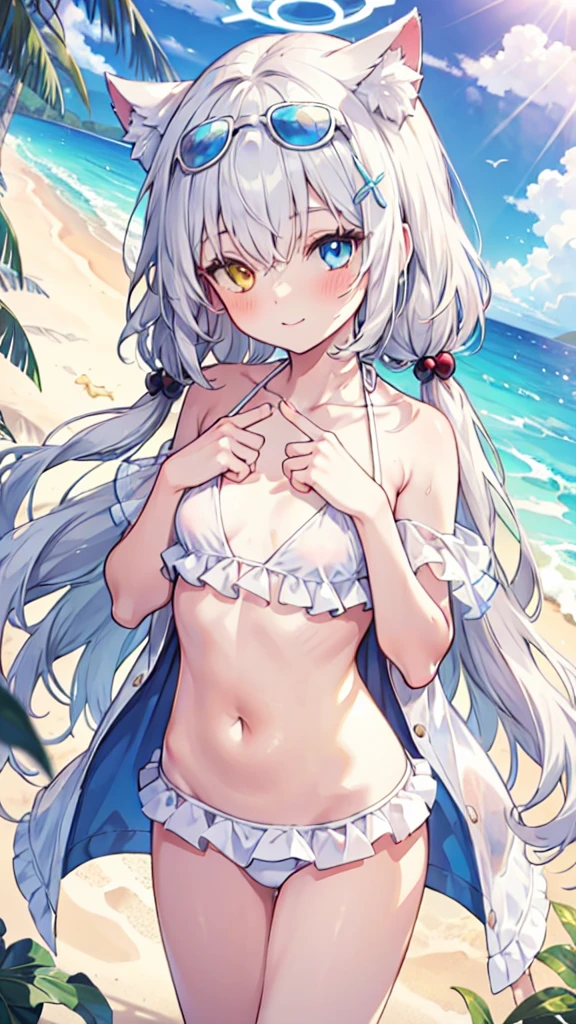 Bikini,White hair,Long hair,Cat ear,Heterochromia blue-yellow,Smile,Female face,There are bright spots in the eyes,Female hands,White little hands,Normal fingers,flat chest,Solitary,Summer,Beach,Blue Halo