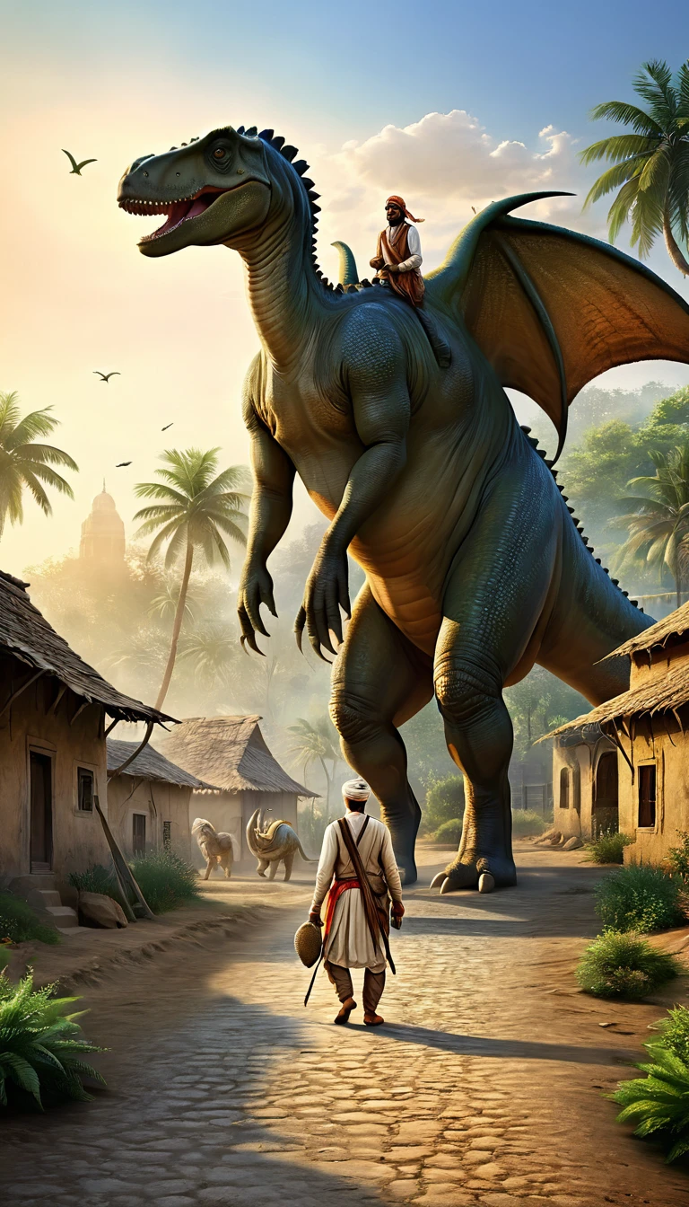 Create a photorealistic image set in an 1600s Indian village. A village man is walking dinosaurs like stegosaurus his pet, a large dinosaurs like stegosaurus. The man should be dressed in traditional 1600s Indian attire, and the dinosaurs like stegosaurus should be depicted as a friendly companion.