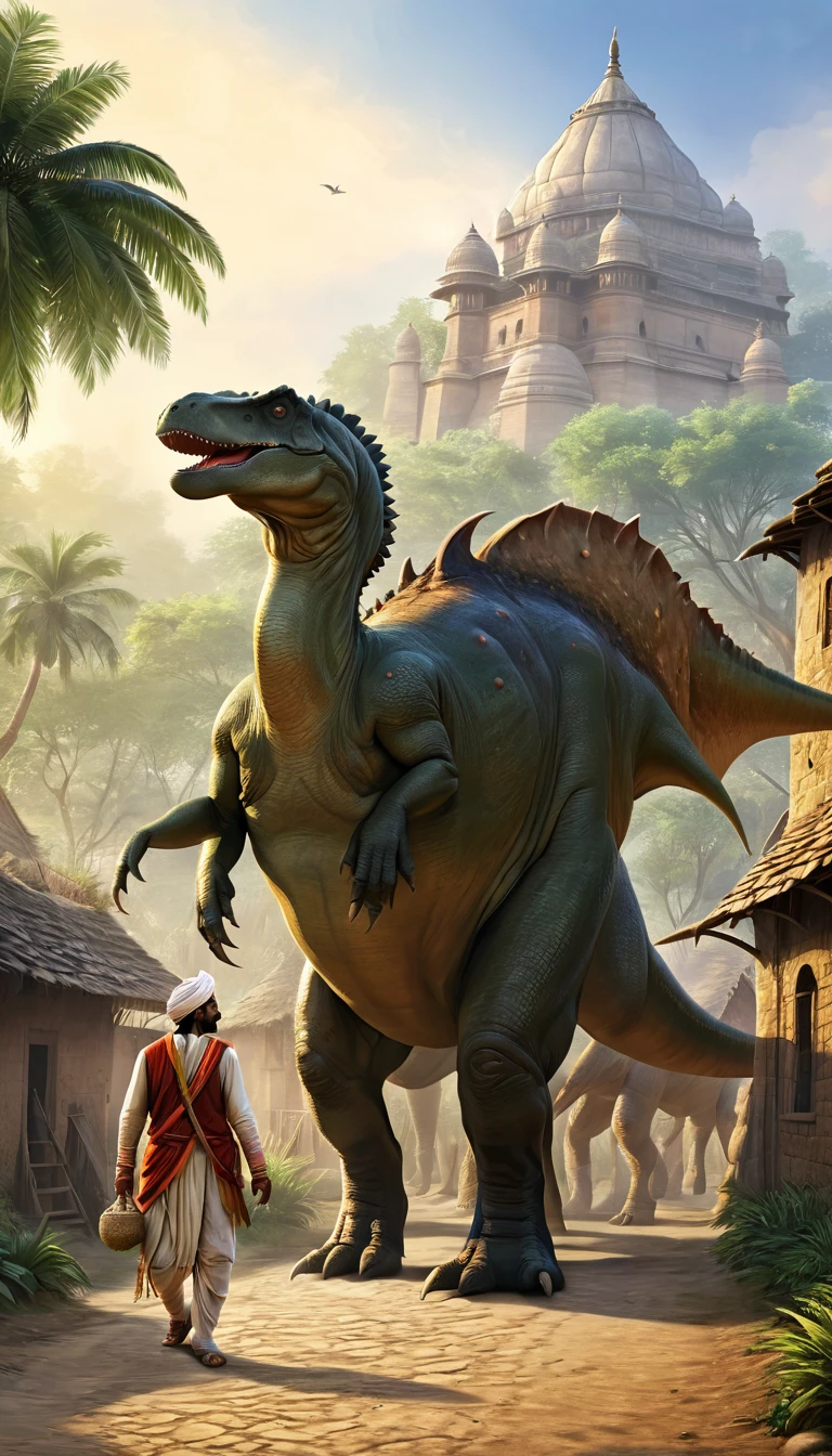 Create a photorealistic image set in an 1600s Indian village. A village man is walking dinosaurs like stegosaurus his pet, a large dinosaurs like stegosaurus. The man should be dressed in traditional 1600s Indian attire, and the dinosaurs like stegosaurus should be depicted as a friendly companion.