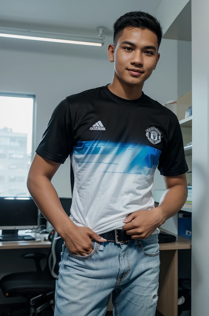 Hyper realistic portrait of a handsome Indonesian young man with a slight smile, 18 years old, undercut/spiky hair, wearing a white/black Manchester United jersey, jeans, black/white Converse shoes, standing while giving a thumbs up/two fingers, and behind him is a large 3D hologram screen with profile picture of the Facebook social media account called "JUBHENK" with a bright blue light effect on the edges, office room background.