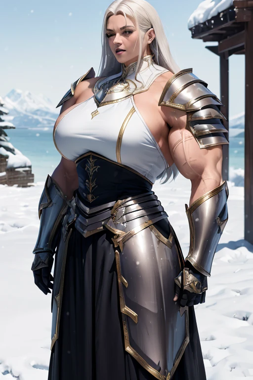 (((Massive beautiful, buff, light brown skinned muscular paladin woman with white hair, black lipstick, ginormous bulky muscles and wearing full gleaming white paladin knight armored with a long tiered skirt))), (close view), large breast, massive muscle, massive biceps, hyper muscle shoulders, hyper muscle triceps, (long straight hair), blue eyes, (knight boots), (metal armor), breastplate, gauntlets, (Shoulder armor), determined look, (in a castle in heaven), snowfall, Vascular arms, hyper muscles arms, hyper muscle legs, massive buff arms.