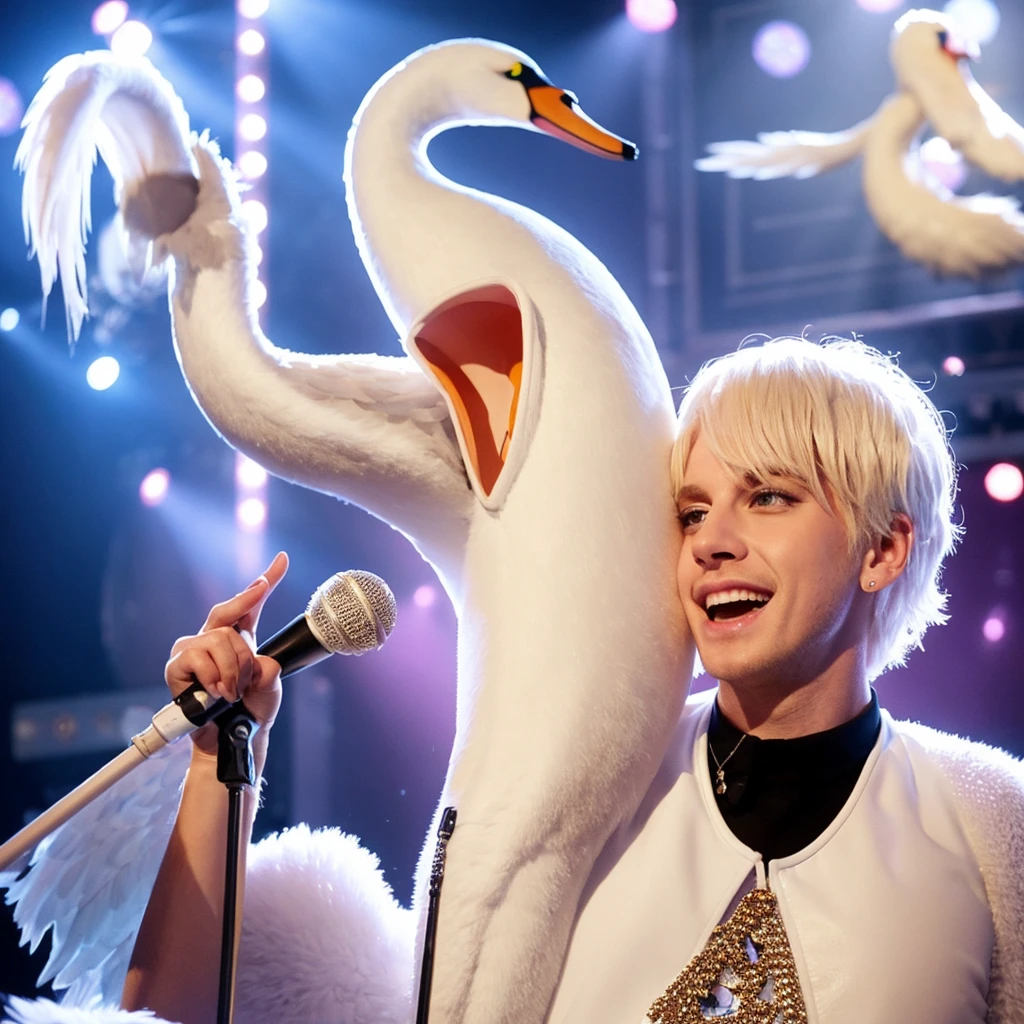 A white animal shaped swan with blonde hair, with a microphone in hand arriving in the music industry to be the most famous of the decade as a swan animal
