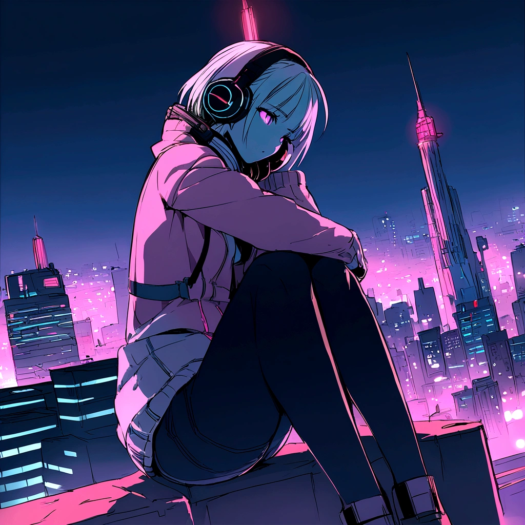 Highest quality、masterpiece、night、Headphones、cyber punk、Cyber City、One Girl、Sitting on high ground、Mid Shot、High position