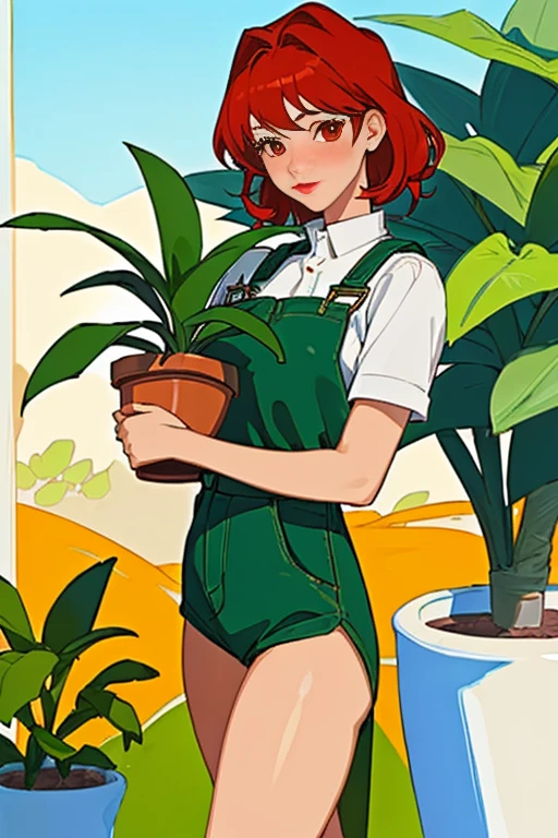 (masterpiece, best quality:1.2), aka6, 1girl, solo, red hair, medium hair, red eyes, lips, red lips, closed mouth, blush, orange overall, thighs, in desert, tuberous plants in background, holding plant pot with tuberous plants, plant pot with tuberous plants in hands