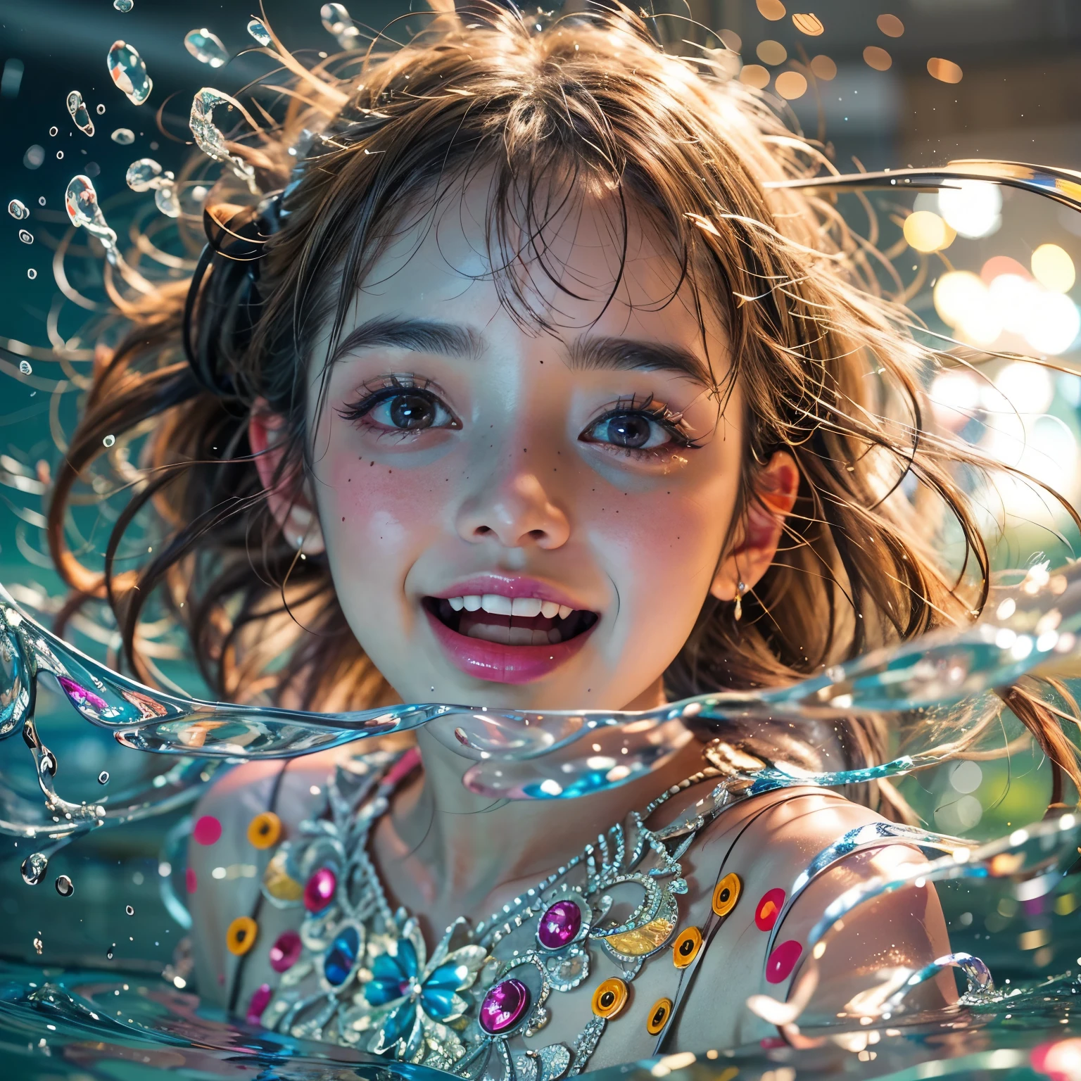 (8K TopQuality masterpiece: 1.2)(Realistic ProfessionalPhoto:1.37), VolumetricLighting. Tiny Girls, girl jumping into the water、Falling、splash water、shout、Luminous water surface、White and Bright colors, back lighting, Radiant PearlSkin, sparkling highlights, Detailed KAWAII face with cute lips, long eyelashes, Delicate clothes, Detailed open crotch