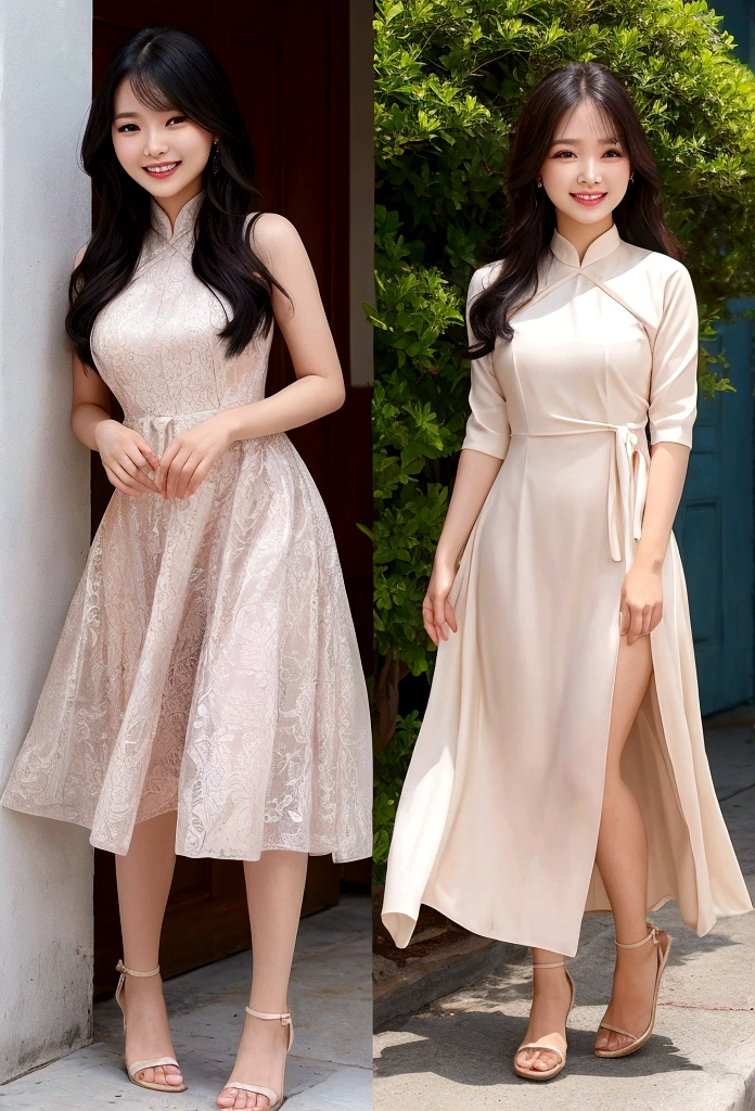 June Vu(Jun Vu)A similar Vietnamese woman、Wearing a dress with a large opening、Smile、whole body