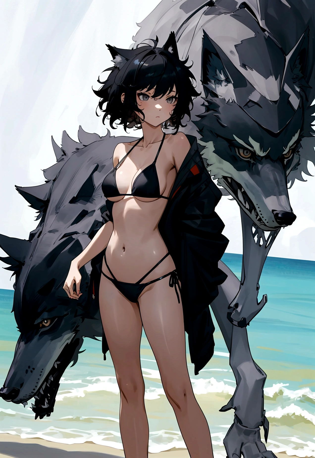 girl, standing, wolf cut, short hair, black hair, grey eyes, bikini, bust, masterpiece, good anatomy, amazing quality, 4k, messy hair