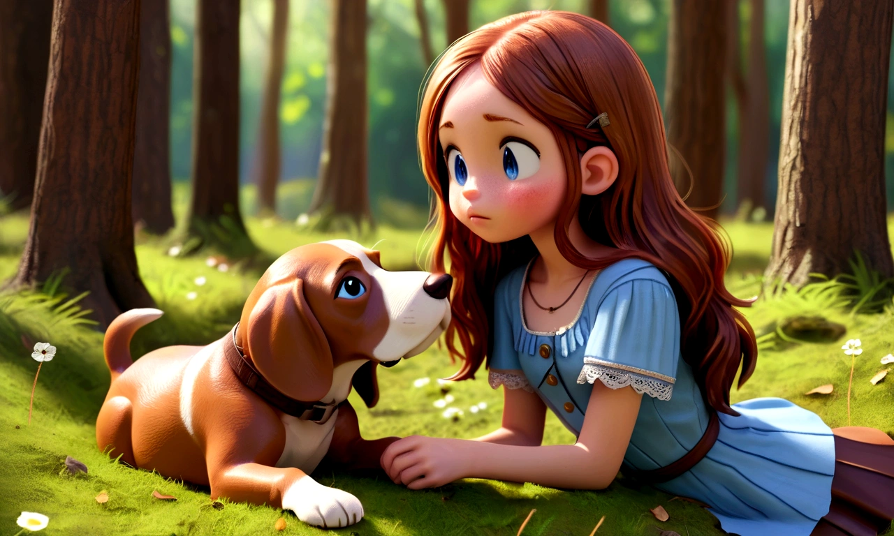 a girl with long brown hair, a blue dress, playing with a brown and white beagle dog, discovering an ancient map inside a hollow tree in a lush green forest, detailed skin and facial features, extremely detailed eyes and face, photorealistic, masterpiece, hyper detailed, dramatic lighting, vibrant colors, cinematic composition, intricate details, highly realistic, extremely sharp focus, (best quality,8k,highres,masterpiece:1.2),ultra-detailed,(realistic,photorealistic,photo-realistic:1.37),dramatic lighting,cinematic composition,intricate details,vibrant colors,warm color palette,soft lighting,natural scenery,serene atmosphere