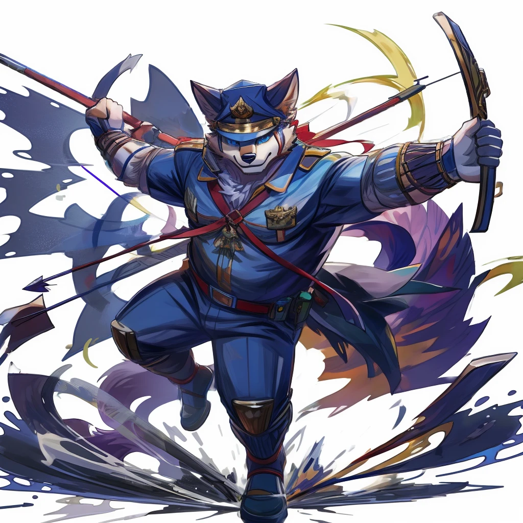 anthro, kemono, male, solo, (((anthro fox))), (((purple fox))), (((purple fur))), purple hair, green eyes, beard, white eyebrows, mature, muscular, (((beard))), white background, hold a bow, archer, ((((policeman, police outfit, police cap))), full body, splash art, (((action pose))), archery pose, shoot an arrow, 