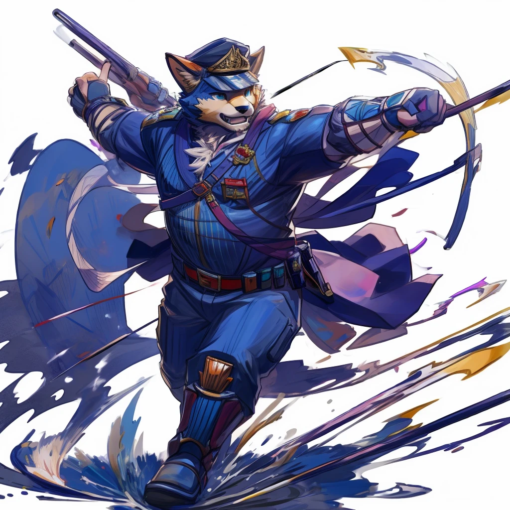 anthro, kemono, male, solo, (((anthro fox))), (((purple fox))), (((purple fur))), purple hair, green eyes, beard, white eyebrows, mature, muscular, (((beard))), white background, hold a bow, archer, ((((policeman, police outfit, police cap))), full body, splash art, (((action pose))), archery pose, shoot an arrow,