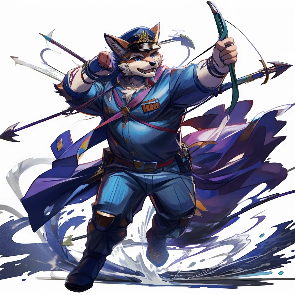 anthro, kemono, male, solo, (((anthro fox))), (((purple fox))), (((purple fur))), purple hair, green eyes, beard, white eyebrows, mature, muscular, (((beard))), white background, hold a bow, archer, ((((policeman, police outfit, police cap))), full body, splash art, (((action pose))), archery pose, shoot an arrow,