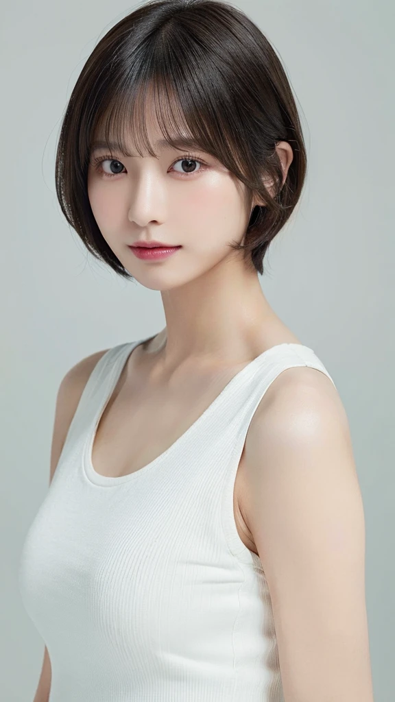 (Highest quality, 8K, 32k, masterpiece, Ultra-high resolution:1.2),Beautiful Japanese Women Photos, Very short bob hair,Upper Body,Face Focus,(White tank top), Simple Background, From above, View your viewers,