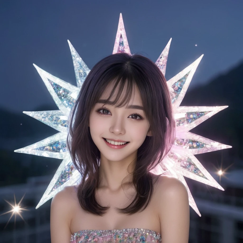 absurdres, superfine illustration,rainboweffect, highres, ultra detailed,light diffusion,highly detailed light reflection, kaleidoscope, harmonious, best shadow, highly detailed very beautiful big smile face, ;D, beautiful growing crystal diamond star pupil,look at viewer, beautiful detailed hair, solo, dynamic pose, beautiful detailed pink and black ribon, beautiful detailed High , Fantastic and the whole shines and shooting star and the wind is strong in detail background