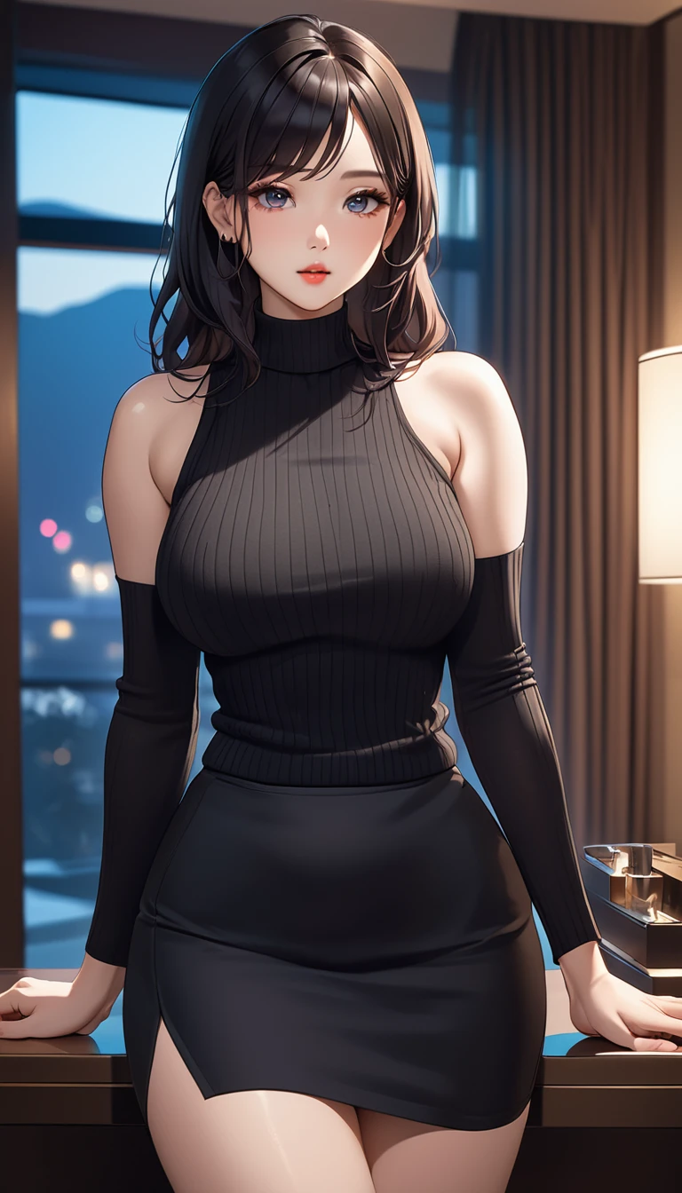 masterpiece, high resolution, beautiful woman, Korean Beauty, 30 years old, black sleeve less sweater, mini pencil skirt, beautiful woman, night hotel, standing and looking at me, high resolution face, (high resolution eyes), black hair, curvy