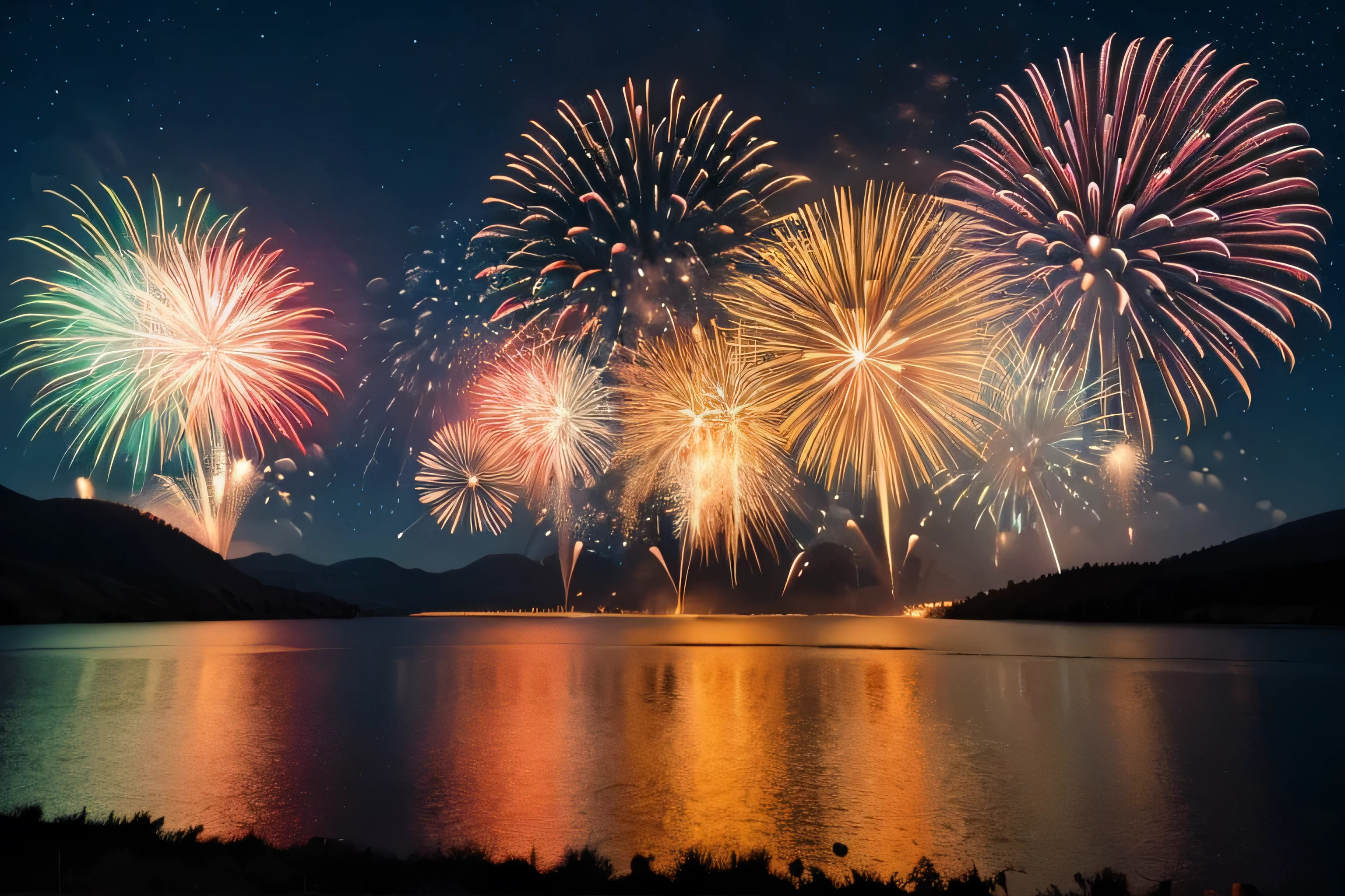 fireworks are lit up in the night sky over a lake, Paintings by Unkoku Togan, Shutterstock, Romanticism, fireworks, [ fireworks in the sky ]!!, firework, Golden Meteor, firework, fireworks in background, Vivid!!, celebrate, fireworks in the background, Decorated with explosions of fire, Golden embers are flying, fireworks on the background,8K