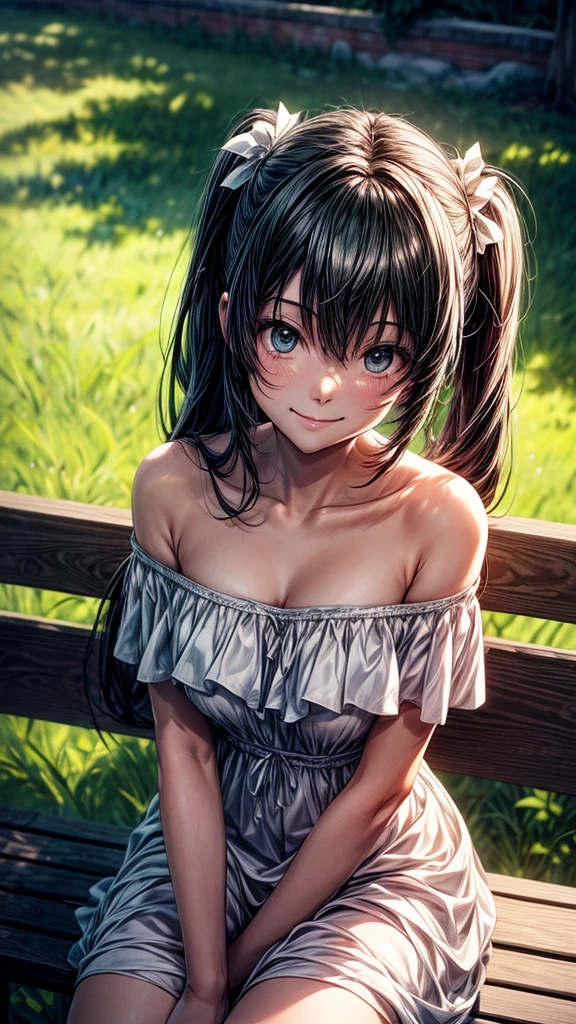 A Makoto Shinkai-esque scene with a mysterious natural background。
while sitting on the bench。
Wearing a white dress。
Off-the-shoulder dress。
Smiling and looking upwards。
Hatsune Miku