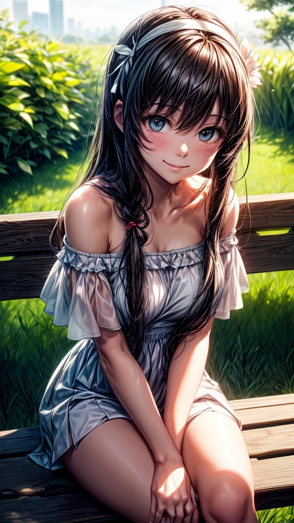 A Makoto Shinkai-esque scene with a mysterious natural background。
while sitting on the bench。
Wearing a white dress。
Off-the-shoulder dress。
Smiling and looking upwards。
Hatsune Miku