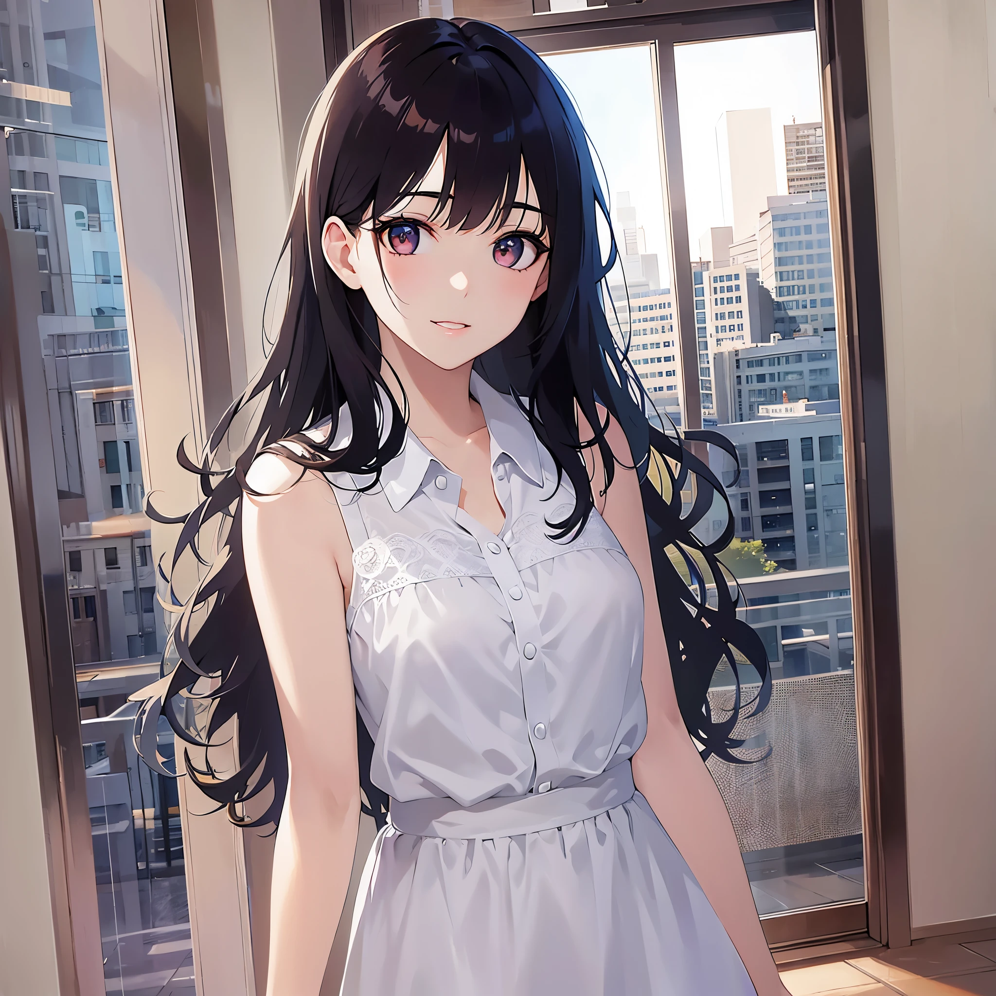 lookin at viewer,Upper Body, 
 Realistic, real person, (pale skin: 1.2), RAW photo, photorealistic, shiny skin, shiny hair、
(A 25-year-old woman with medium-length hair and bangs) and (wavy hair) and (brown hair) and (Orange Eyes)
, smile, 
Wearing a white dress with a collar,The hotel lobby in the background、Alone、Are standing