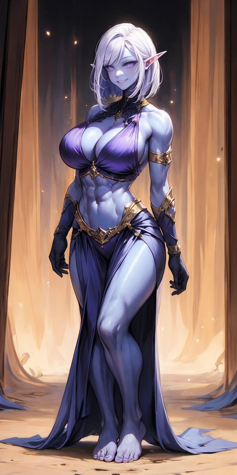 ((plain background:1.2, 1sologirl)) full body standing barefoot hands on waist navel, very purple skin, drow, elf, Madura, Detailed happy face, purple eyes, white hair bob style, gold ??????, well defined six pack abs, Large knockers, golden gloves