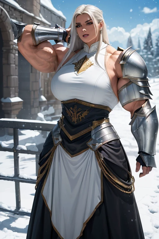 (((Massive beautiful, buff, light brown skinned muscular paladin woman with white hair, black lipstick, ginormous bulky muscles and wearing full gleaming white paladin knight armored with a long tiered skirt))), (close view), large breast, massive muscle, massive biceps, hyper muscle shoulders, hyper muscle triceps, (long straight hair), blue eyes, (knight boots), (metal armor), breastplate, gauntlets, (Shoulder armor), determined look, (in a castle in heaven), snowfall, Vascular arms, hyper muscles arms, hyper muscle legs, massive buff arms.