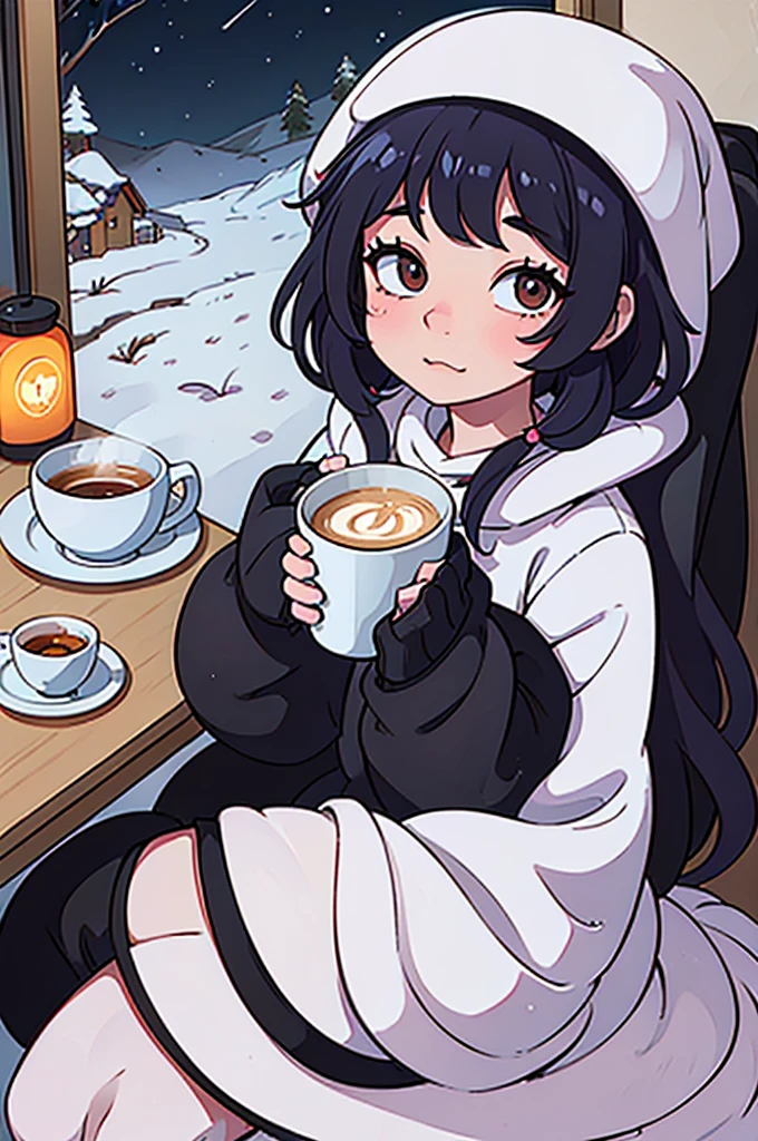 The lazy fluffy cat , adorable with big eyes, extremely beautiful tail, sleeps in the cabin of the cozy camping car in the snowy mountains. A cup of hot coffee for a fresh morning.