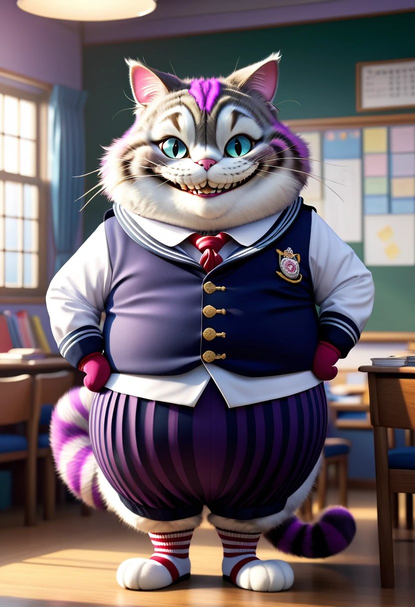 photorealistic portrait of Dressed animals-a ((fat)) ((Cheshire cat)) student,(furry), (elegant pose:1.5), (hands on hips:1.5),(smile:1.5),high quality,(),(lovely) ,intricate details, Wearing Japanese sailor uniform , (), highly detailed ((sailor uniform)) ,highly detailed decorations of clothes, high sox , (happy), soft lighting,(full body image:2.0),in classroom background,clouds,score_9, score_8_up, score_7_up, score_6_up, score_5_up, score_4_up,