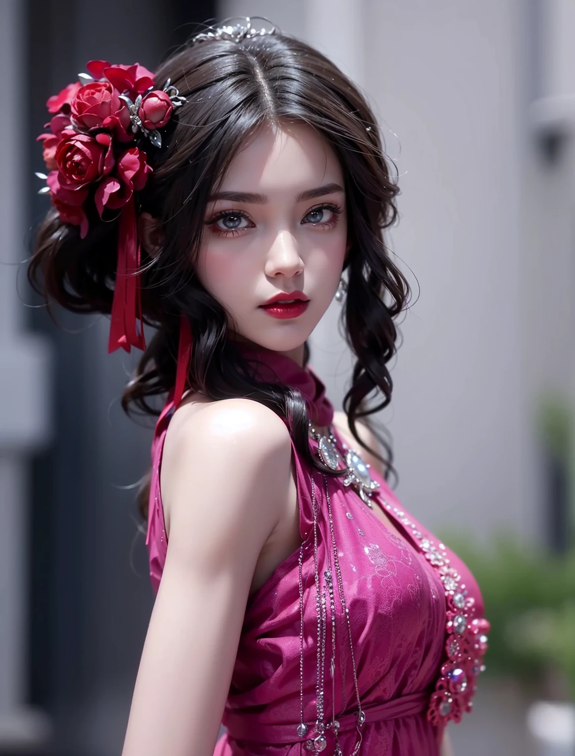 Royal princess,Very detailed, Delicate face, Stock Photography , Portrait 400, F1 Camera Lens.6, Colorful, Surrealism, Realistic textures, Dramatic Lighting, Thin Film Distiller 800 (8K, original photo, Better quality, masterpiece: 1.2), Very detailed, (Extremely delicate skin: 1.2), 8K 超高清, SLR camera, Soft Light, high quality.Fire Queen,Blue pupils,Apply red lipstick,Have a tattoo,The tattoo is very three-dimensional,Gorgeous and intricate tattoo designs,8K Mugshot,Large Breasts,Dark eyeshadow,Sexy thick lips(Red lipstick),Ice Princess,The facial features are very three-dimensional,Gorgeous and exquisite crystal diamond lace wedding dress,Silver Armor,Exquisite and ornate silver decoration,Universe shining diamond gem,Ultra-clear portrait,Very exquisite and gorgeous jewelry,