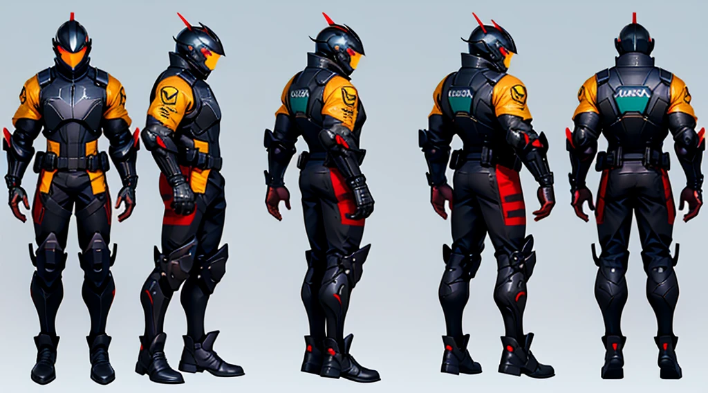 Character design sheet、male、Black combat uniform、Body Armor、Powered Suit、Full Face Helmets、cyber punk