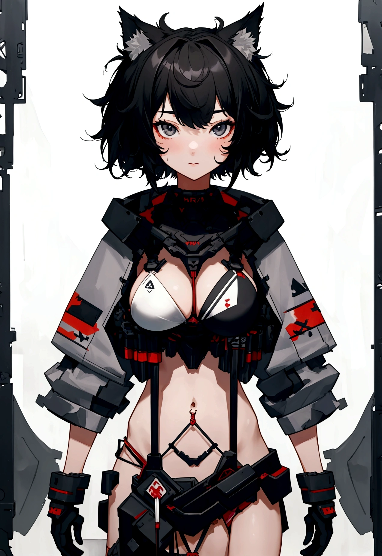 girl, standing, wolf cut, short hair, black hair, grey eyes, bikini, bust, masterpiece, good anatomy, amazing quality, 4k, messy hair