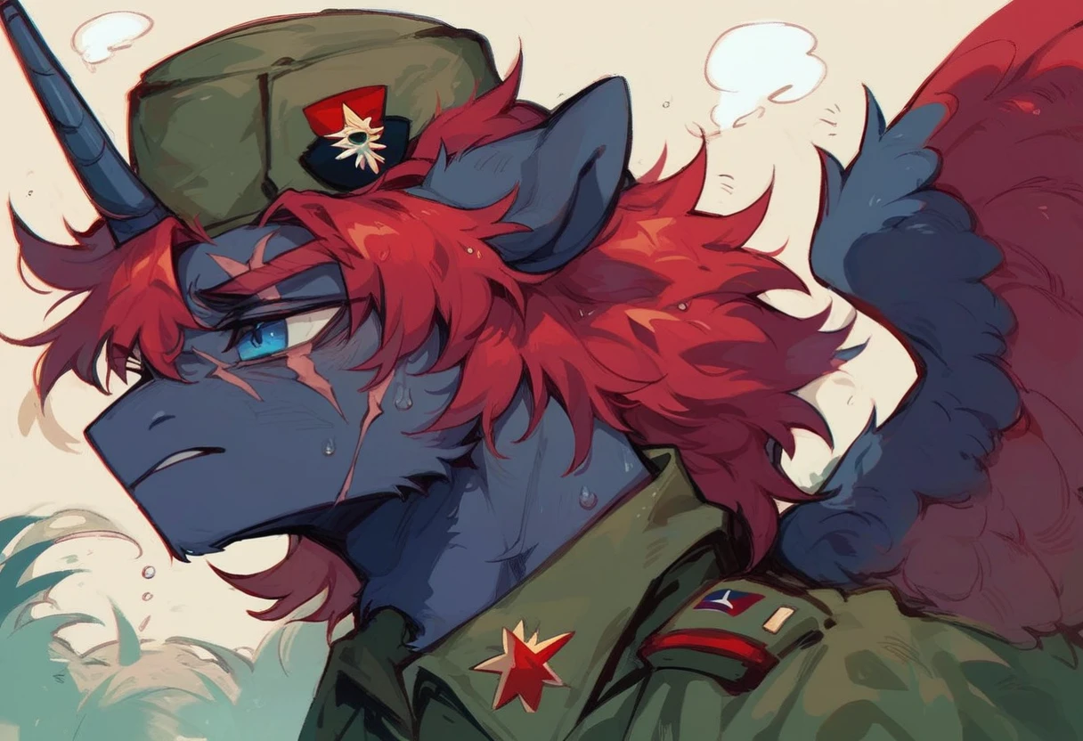 Male alicorn pony, black fur, long red hair, deep blue eyes, red feathers on wings, scar over left eye, red striping, vietnam-era army uniform, boonie hat, in a swamp, sweating, close-up portrait 