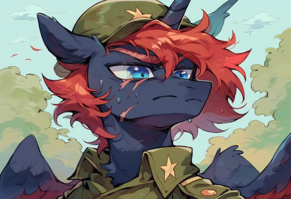 Male alicorn pony, black fur, long red hair, deep blue eyes, red feathers on wings, scar over left eye, red striping, vietnam-era army uniform, boonie hat, in a swamp, sweating, close-up portrait 