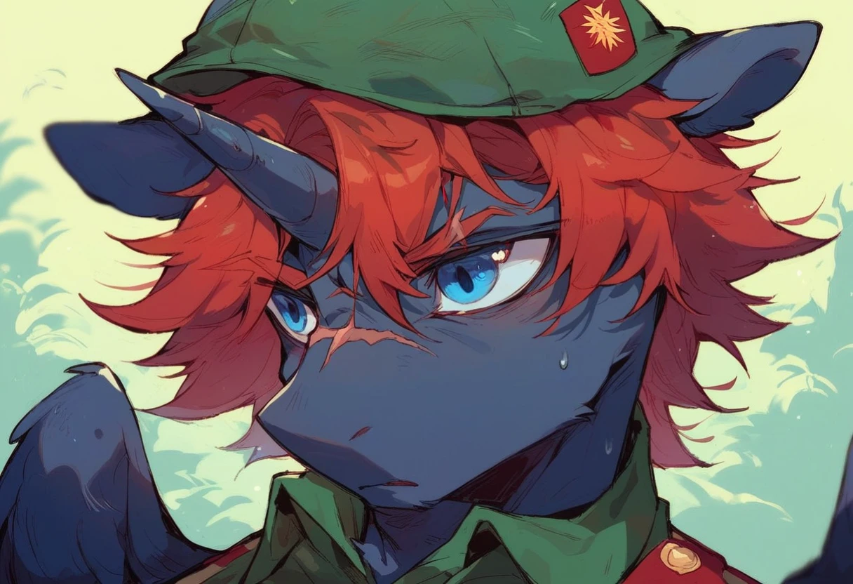 Male alicorn pony, black fur, long red hair, deep blue eyes, red feathers on wings, scar over left eye, red striping, vietnam-era army uniform, boonie hat, in a swamp, sweating, close-up portrait 