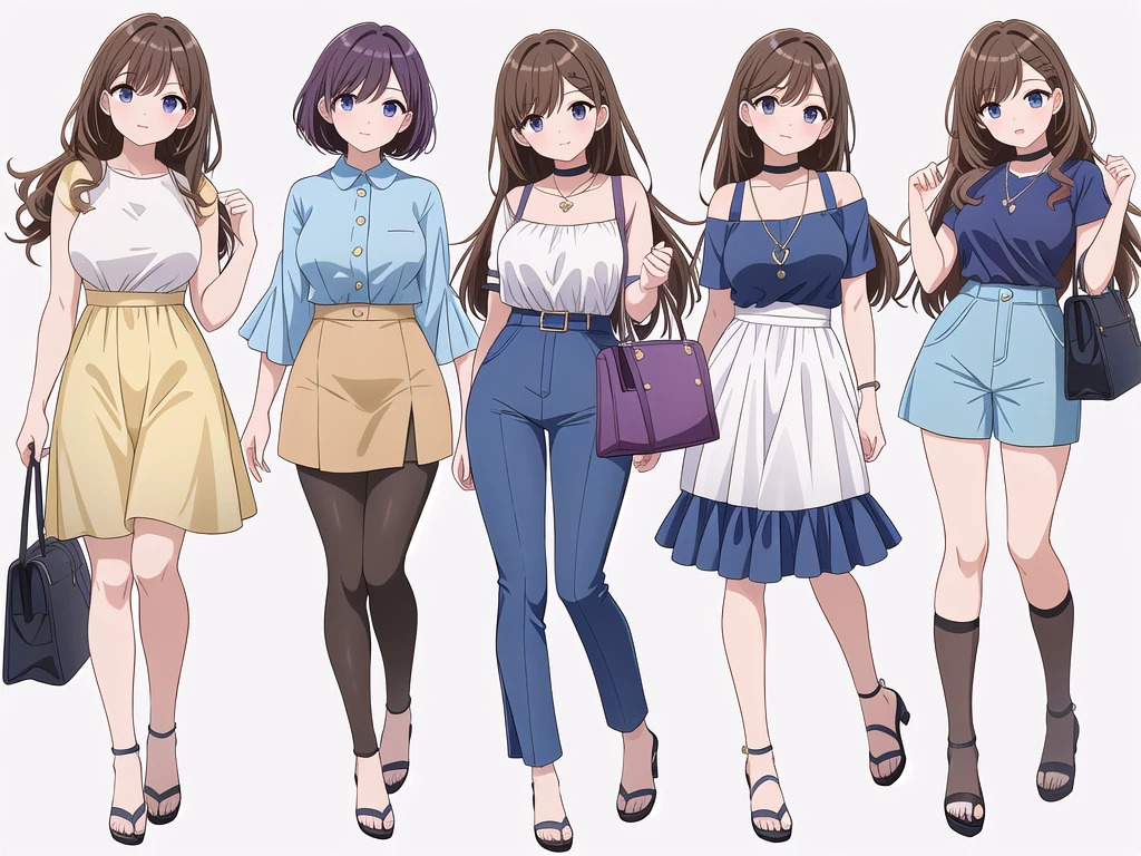 (((Best Quality))) , ((full body)), 4 lady, adult woman, multiple views, (((white background,))) variety of hairstyles, variety of fashion styles, seductive pose, fashionable and trendy atmosphere, holding bag, summer outfits, walk pose, dark blue/dark orange/dark green/dark violet/brown/white, short pants, 

