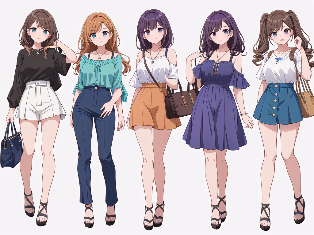 (((Best Quality))) , ((full body)), 4 lady, adult woman, multiple views, (((white background,))) variety of hairstyles, variety of fashion styles, seductive pose, fashionable and trendy atmosphere, holding bag, summer outfits, walk pose, dark blue/dark orange/dark green/dark violet/brown/white, short pants,
