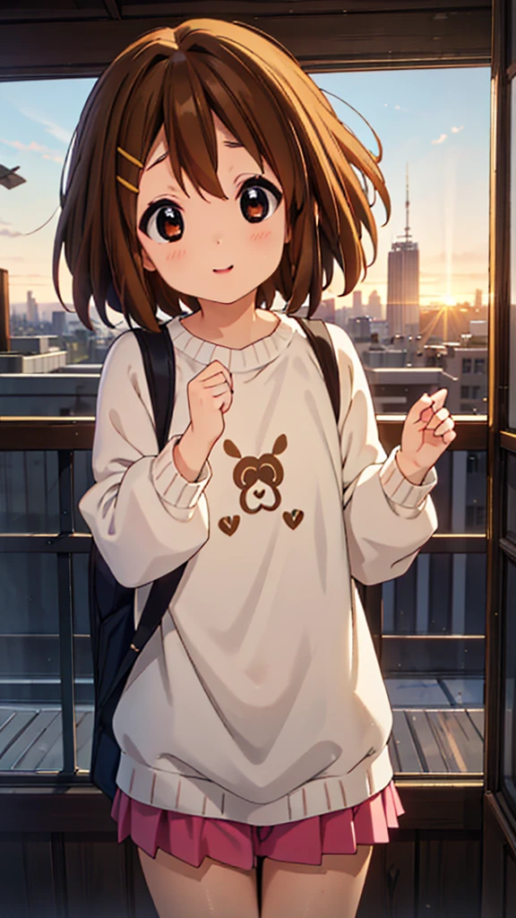 1 Girl,16 years old, Yui Hirasawa, short hair, Brown Hair, hair ornaments, (Brown eyes:1.5),blush,smile,White oversized one-shoulder sweater,Black pleated skirt,White Pantyhose,short boots,Hair Clip,((Panties in full view))、smile、Overlooking the city from the top of the hill、Beautiful sunset、the wind is strong、Cowboy Shot,
break otdoors, 丘
break looking at viewer, whole body、
break (masterpiece:1.2), Highest quality, High resolution, unity 8k wallpaper, (shape:0.8), (Beautiful and beautiful eyes:1.6), Highly detailed face, Perfect lighting, Extremely detailed CG, (Perfect hands, Perfect Anatomy),