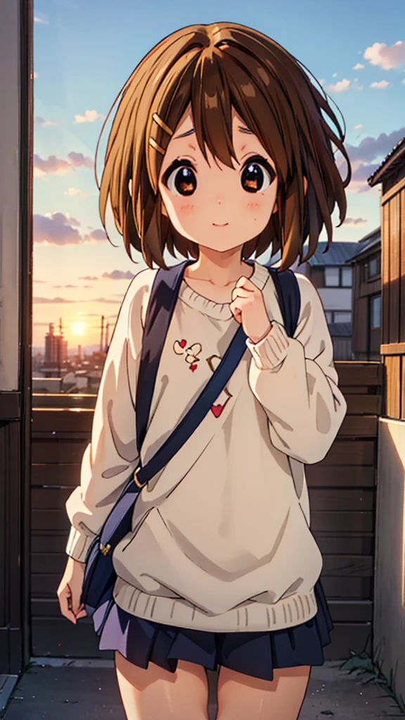 1 Girl,, Yui Hirasawa, short hair, Brown Hair, hair ornaments, (Brown eyes:1.5),blush,smile,White oversized one-shoulder sweater,Black pleated skirt,White Pantyhose,short boots,Hair Clip,((Panties in full view))、smile、Overlooking the city from the top of the hill、Beautiful sunset、the wind is strong、Cowboy Shot,
break otdoors, 丘
break looking at viewer, whole body、
break (masterpiece:1.2), Highest quality, High resolution, unity 8k wallpaper, (shape:0.8), (Beautiful and beautiful eyes:1.6), Highly detailed face, Perfect lighting, Extremely detailed CG, (Perfect hands, Perfect Anatomy),