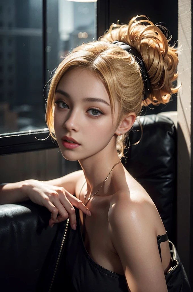 Female, 20 years old, blonde hair (high top fade:1.3), dark theme, relaxing tones. Muted colors, high contrast (natural skin, hyperrealism, soft light, sharpness), glass in hand