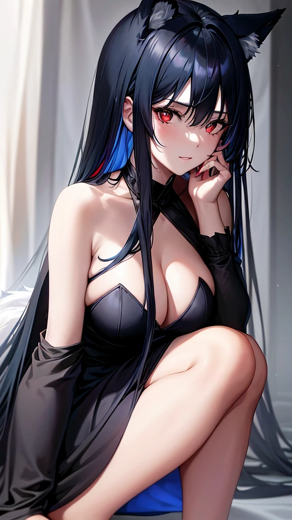 An adult woman, half wolf, black and blue hair, black ears, shining red eyes, wearing a black and blue dress, with an gentle face, wide breasts