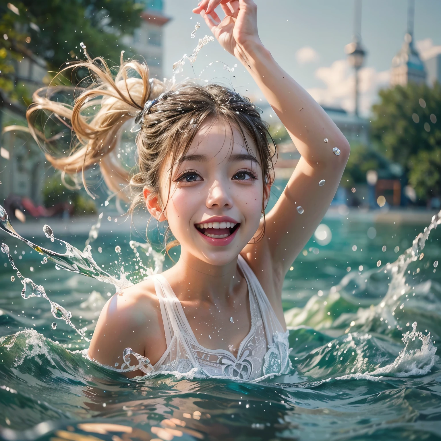 (8K TopQuality masterpiece: 1.2)(Realistic ProfessionalPhoto:1.37), VolumetricLighting. Tiny Girls, girl jumping into the water、Falling、splash water、shout、Luminous water surface、White and Bright colors, back lighting, Radiant PearlSkin, sparkling highlights, Detailed KAWAII face with cute lips, long eyelashes, Delicate clothes, Detailed open crotch, MotionBlur, Dynamic Joyful Expressions LifeLike Rendering