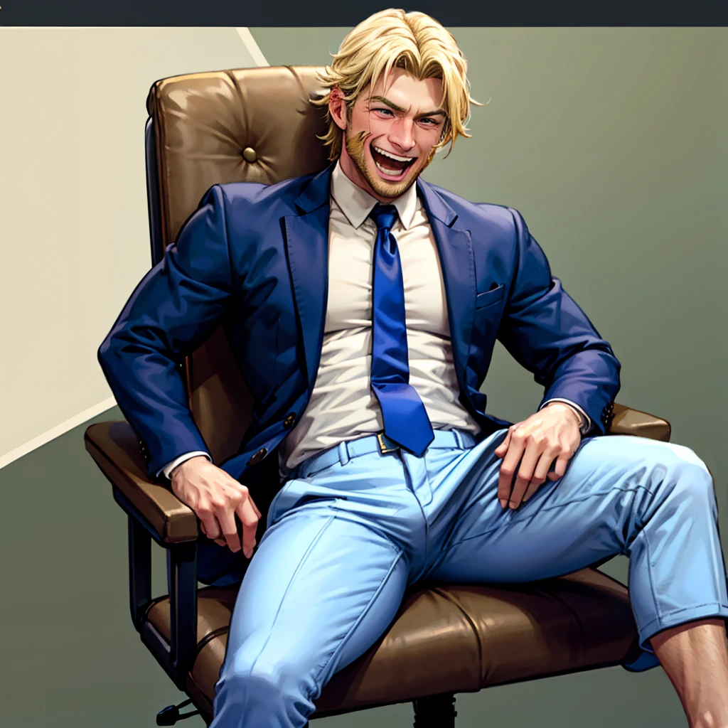 , blonde handsome skinny man wearing white shirts and blue ties and grey pants laughing, sitting on chair and feet on desk, feet tickling by feathers held by handsome skinny brown haired man, toes tickled by feathers , office background 