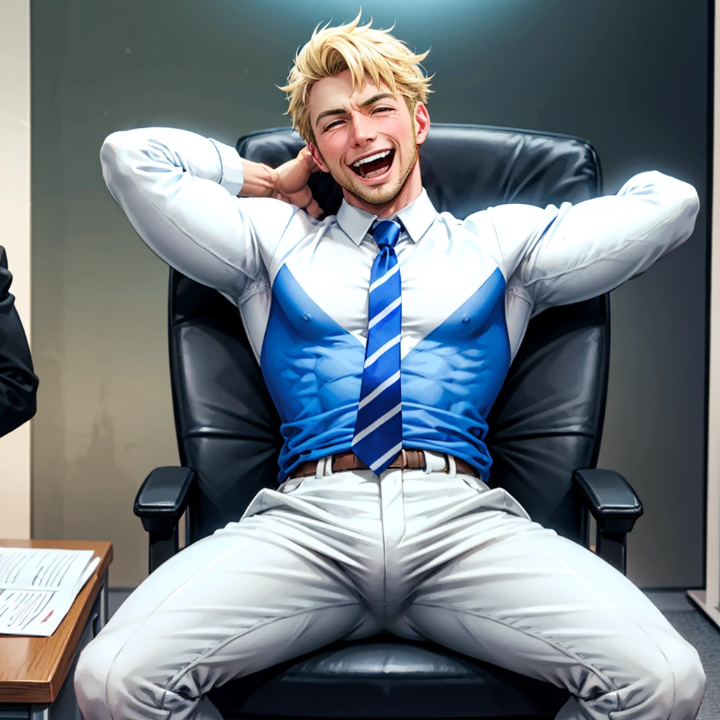 , blonde handsome skinny man wearing white shirts and blue ties and grey pants laughing, sitting on chair and feet on desk, feet tickling by feathers held by handsome skinny brown haired man, toes tickled by feathers , office background 