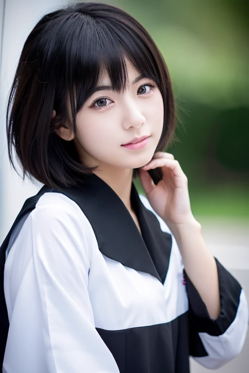 Mikasa, 19 year young girl , Best quality, High resolution, Short bob hair, Beautiful, Black eyes, see viewer, black white uniform, , Highest quality, high resolution,